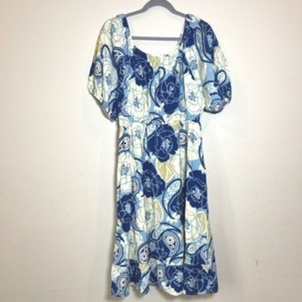 Chris & Carol Blue Floral Paisley Puff Sleeve Empire Waist Midi Dress Large